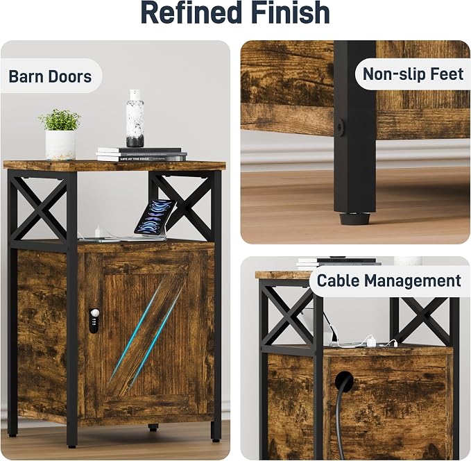 Night Stand Set 2, Bedroom Nightstands, Matching Bedside Table, Retro Brown | Lock and Charging Station, USB C Port, Large Lockable Storage Cabinet, End Tables with Door, Metal and Wood Bed Side Tables