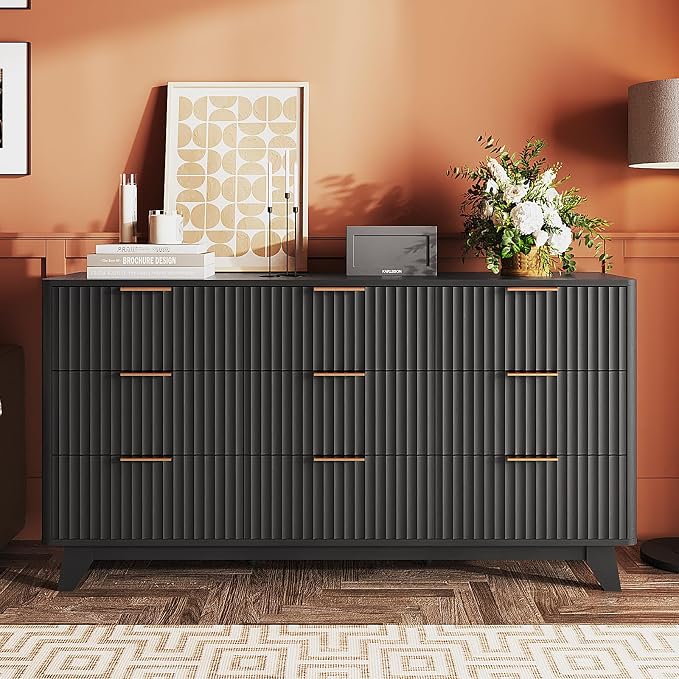 VINGLI Black Dresser 9 Drawer, Fluted Dresser with Rounded Edges, 57" Long Modern Dressers for Bedroom, Black and Gold, 57" W*15.75" D*29.92" H