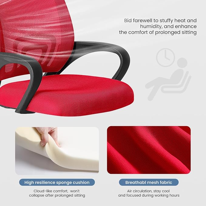 OLIXIS Office Desk Chair - Ergonomic Mid Back with Lumbar Support & Rocking Mode, Height Adjustable with Fixed Armrest, Storage Back for Computer, Gaming, Conference, Meeting Room, 360° Swivel, Red