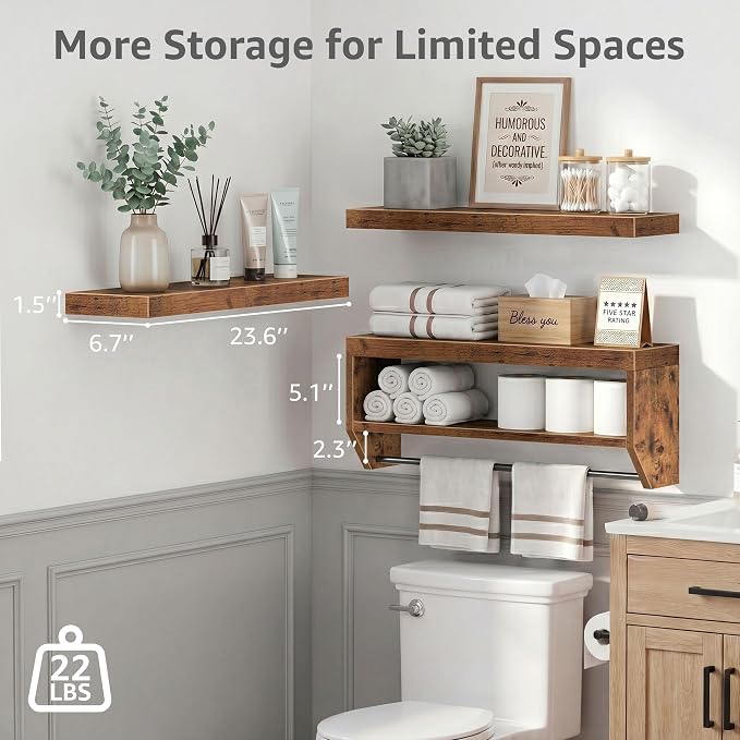 QEEIG Bathroom Floating Shelves for Wall - Shelf Over Toilet Paper Storage Farmhouse 24 inch Set of 3, Rustic Brown (028-60BN3)