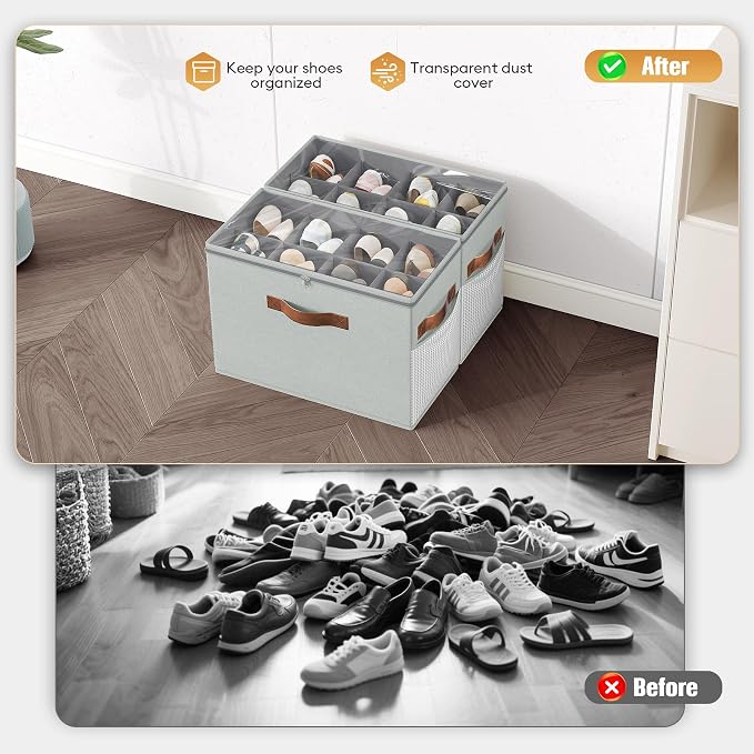 Budding Joy 2 Pack Shoe Organizer for Closet, Clear Foldable Shoe Storage Containers Adjustable Dividers Fits 16 Pairs,Shoe Storage Bins Baskets Boxes with Reinforced Handles Light grey | Farbic shoe storage organizer box bin with clear cover, fits up ...