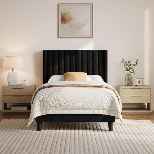 Yaheetech Twin Bed Frame Upholstered Platform Bed with Fabric Headboard, Wing Edge Design/Non-Slip and Noise-Free/Wooden Slats Support/No Box Spring Needed/Easy Assembly,Black Twin Bed