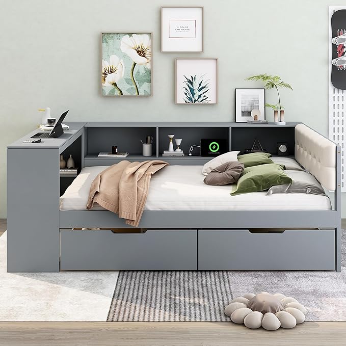 Ball & Cast Full Size Wood Daybed with Storage Shelves and Built-in Desk,Platform Bed w/Under-Bed Drawers & Charging Station,Upholstered Headboard,No Box Spring Needed,for Student Dorms,Gray