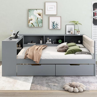 Ball & Cast Full Size Wood Daybed with Storage Shelves and Built-in Desk,Platform Bed w/Under-Bed Drawers & Charging Station,Upholstered Headboard,No Box Spring Needed,for Student Dorms,Gray