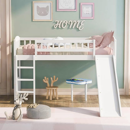 Twin Size Loft Bed, Wood Loft Bed with Slide and Ladder, White