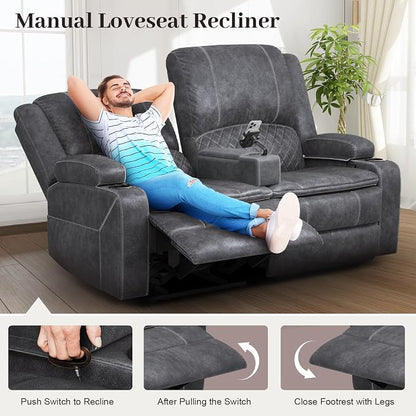 Yolsali Loveseat Recliner Sofa, Manual Reclining Loveseat with Removable Armrest, Dutch Velvet Recliner Loveseat for Adults with 2-Tier Cushions, USB Charging Ports, Cup Holders - Grey
