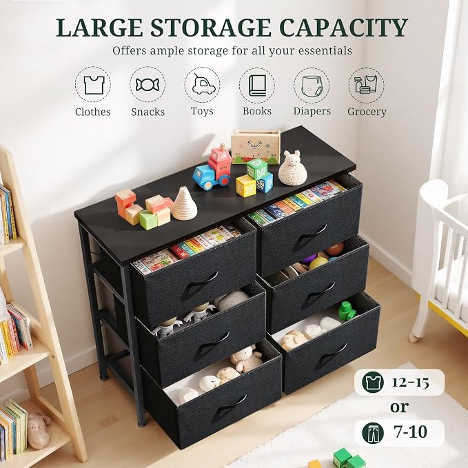 6-Drawer Dresser for Bedroom, Anti-Tip Wide Storage Organizer Chest of Drawers with Wooden Top and Metal Frame Fabric Bins for Closet, Living Room, Hallway, Entryway, Black