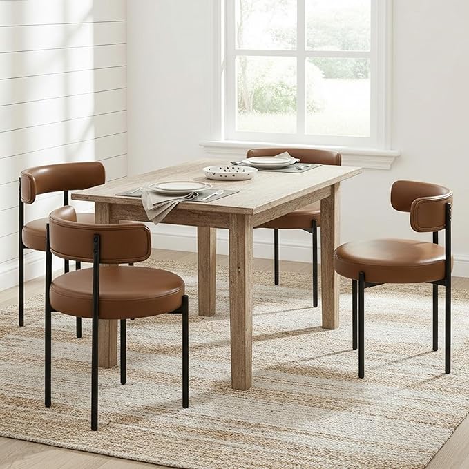 Faux Leather Dining Chairs Set of 6, Upholstered Kitchen and Dining Room Chairs, Mid-Century Modern Dining Chairs with Round Back and Black Metal Legs, Vegan Leather, Brown