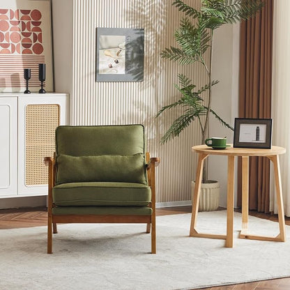 Karl home Mid-Century Lounge Accent Chair, Green | Wide Curved Armrest, Linen Fabric, Lumbar Pillow Included, Solid Wood Frame, For Living Room, Bedroom, Balcony, Apartment