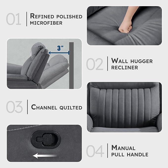 Lexicon Manual Double Reclining Sofa, Polished Microfiber Upholstered 3 Seater Manual Sofa Recliner for Living Room, Wall Hugger, Easy Assembly, Gray