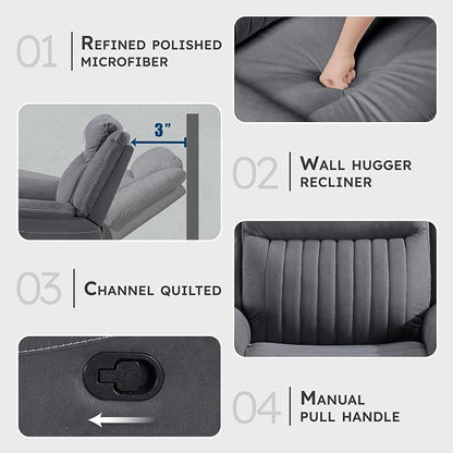 Lexicon Manual Double Reclining Sofa, Polished Microfiber Upholstered 3 Seater Manual Sofa Recliner for Living Room, Wall Hugger, Easy Assembly, Gray