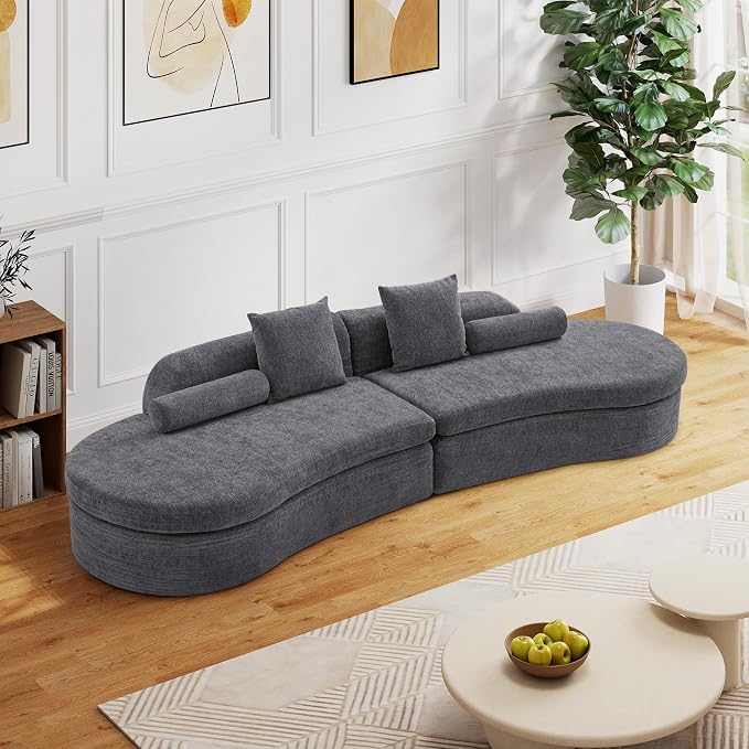 126" Curved Modular Sectional Sofa, Chenille Upholstered Cloud 4 Seater Couch for Living Room, No Assembly Modern Love Seat Sofa with 2 Bolster Pillows & 2 Square Pillows, High-Density Foam, Gray