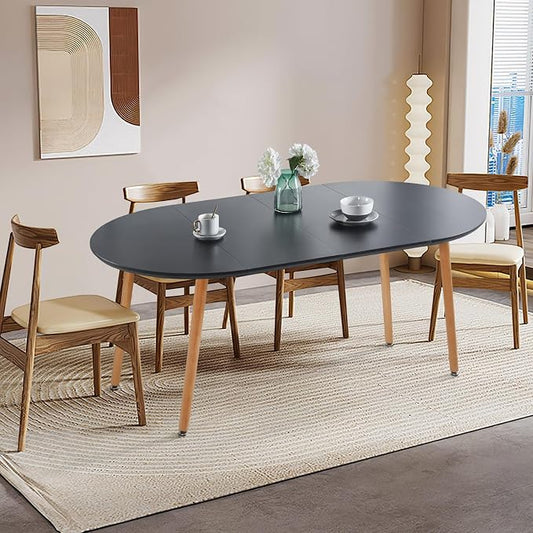Extendable Round Dining Table for 4 6 Wooden Dining Room Table 39" to 70" Modern Kitchen Table for Dining Room Office Expandable Oval Dinner Table with MDF Top and Wood Tapered Metal Legs Black