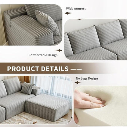 135.4" Cloud Modular Sectional Sofa with 1 Ottoman,Modern Minimalist Upholstered Couches, Comfort U Shaped Sofa for Living Room,Deep Seat Corner Couch，No Assembly Required (Grey,Left Facing Chaise)