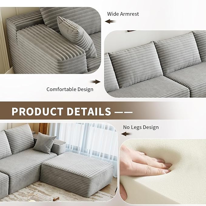 135.4" Cloud Modular Sectional Couch with 1 Ottoman,Modern Minimalist Upholstered Couches, Comfort U Shaped Sofa for Living Room,Deep Seat Corner Couch，No Assembly Required (Grey,Right Facing Chaise)
