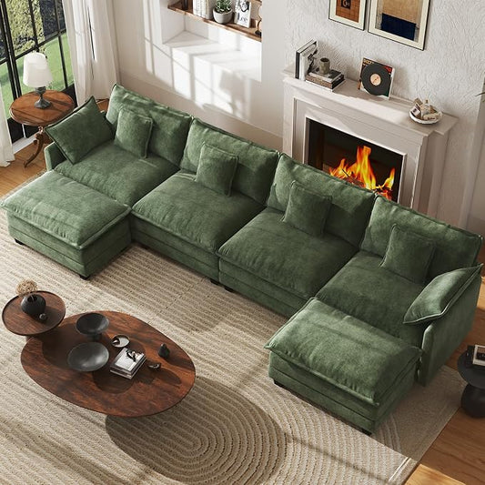 WorthFurni 146” Oversized Modular Sectional Sofa, U Shaped Cloud Couch Set, 4-Seater Comfy Chenille Couches with 2 Movable Ottomans, DIY Combination for Living Room (Green)