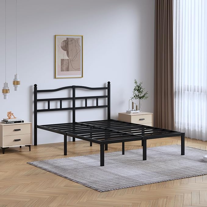 SHOANED Metal Bed Frame with Headboard - 14 Inch King Size Heavy Duty Bedframe Black Basic Steel Slats Platform No Box Spring Needed/Easy Assembly/Noise Free