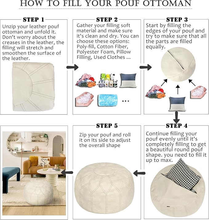 Thgonwid Unstuffed Moroccan Faux Leather Pouf Ottoman Cover with Storage - Boho Chic Multi-Use Footrest for Living Room, Bedroom, Patio - Round Ethnic Floor Cushion & Decorative Accent, Ivory