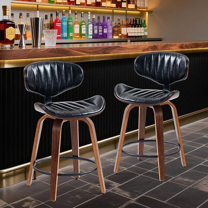 Bar Stools Set of 2, 24 inch PU Leather Wooden Bentwood Swivel Barstools Counter Height Modern Breakfast Bar Chairs with Backrest and Footrest for Kitchen Island, Dining Room D035-Black-2