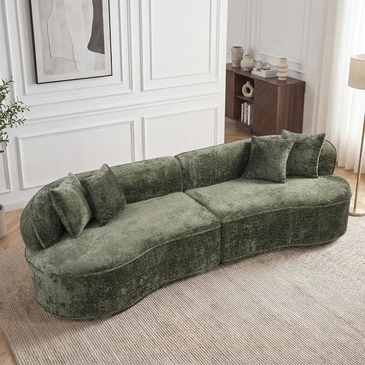 114" Curved Sectional Sofa Couch，4 Seater Oversized Boneless Cloud Couch with 4 Throw Pillows，Modern Round Couch Sofa，Comfy Deep Seat Chenille Memory Foam Sofa for Living Room (Green, 114.2 Inch)