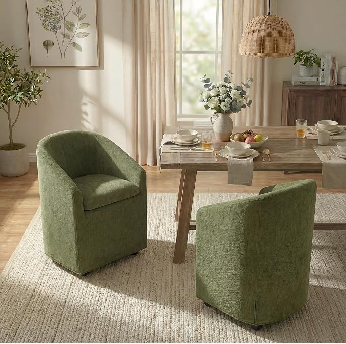 KISLOT Upholstered Dining Chairs with Casters, Washable Cover Modern Dining Room Chairs with Barrel Backrest & Dual Armrest for Kitchen, Living Room, Bedroom, Green Fabric, 2PCS
