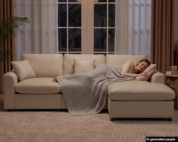 100" Faux Leather Modular Sectional Sofa for Living Room, Oversized 3 Seater L Shaped Cloud Couch with Ottoman, Extra Large Deep Seat, Pet-Friendly, Easy to Clean, Beige
