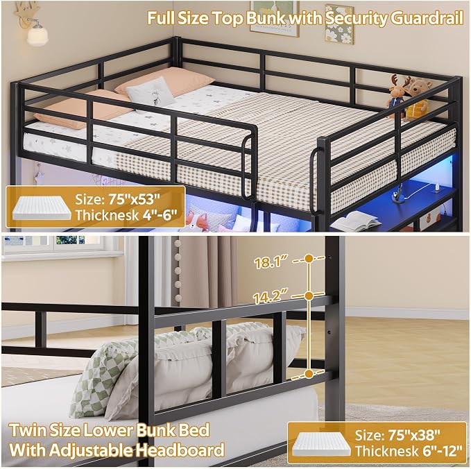 busyaeh Bunk Bed Full Over Twin,Low Bunk Bed with 8 Drawer & 4 shelve,Black | bunk bed with Desk, 15" H Safety Guardrail & LED Lights and Charging Station,L-Shaped Bunk Beds with Stairs,toddler bunk bed
