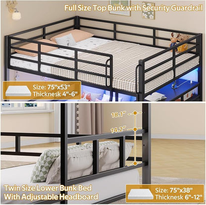 busyaeh Bunk Bed Full Over Twin,Low Bunk Bed with 8 Drawer & 4 shelve,Black | bunk bed with Desk, 15" H Safety Guardrail & LED Lights and Charging Station,L-Shaped Bunk Beds with Stairs,toddler bunk bed