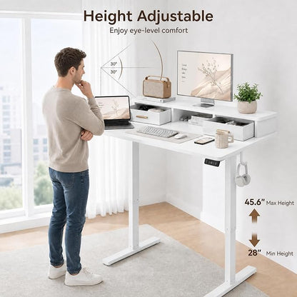 Grandder Electric Standing Desk with Two Drawers, Sit to Stand Up Height Adjustable Desk with Storage Shelf for Home Office, 47 * 24 Inch, Study, Ergonomic Adjustable Computer Desk, White