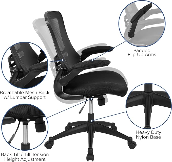 Flash Furniture Kelista Mid-Back Swivel Office Chair with Adjustable Seat Height, Ergonomic Mesh Desk Chair with Flip-Up Armrests, Black