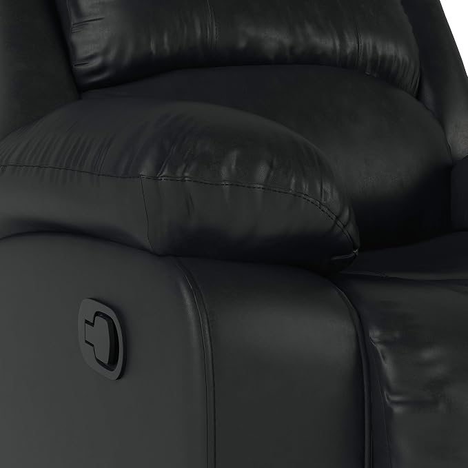 Warren 35.5" Manual Pull-Handle Recliner, Traditional Overstuffed, Pocket Coil Comfort, Black Metal Base Legs, Soft Vegan Leather Fabric, Black