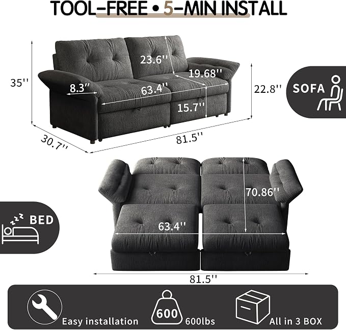 81.5'' Full Sleeper Sofa, Pre-Assembled, Chenille Pull Out Couches Bed, 3-in-1 Convertible Sofa, Adjustable Backrest, Small Loveseat for Small Space, Living Room, Apartment, Chenille Grey