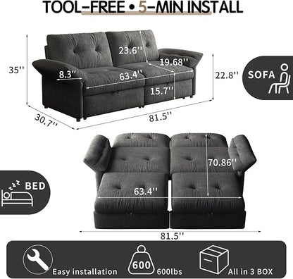 81.5'' Full Sleeper Sofa, Pre-Assembled, Chenille Pull Out Couches Bed, 3-in-1 Convertible Sofa, Adjustable Backrest, Small Loveseat for Small Space, Living Room, Apartment, Chenille Grey