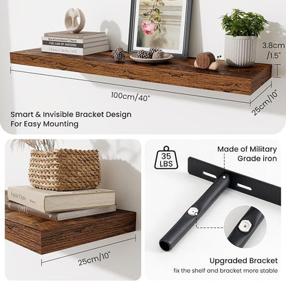 Fun Memories Floating Shelves Set of 3, 40 Inch Long Wooden Wall Shelves, 10 Inch Deep Wall Mounted Storage Shelf with Metal Brackets for Living Room, Bathroom, Bedroom and Kitchen, Rustic Brown