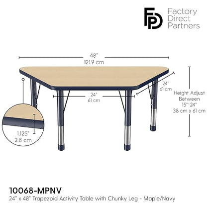 FDP Trapezoid Activity School and Classroom Kids Table (24 x 48 inch), Chunky Toddler Legs for Collaborative Seating Environments, Adjustable Height 15-24 inches - Maple Top and Navy Edge