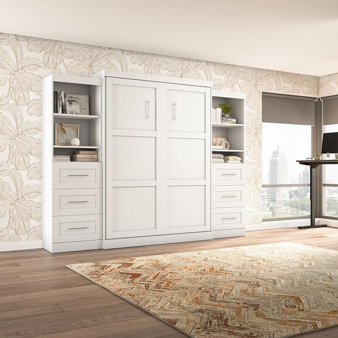 Bestar Pur Queen Murphy Bed and 2 Shelving Units with Drawers, 115-inch Space-Saving Sleeping Arrangement for Multipurpose Area, Bedroom, Guest Room, or Living Room