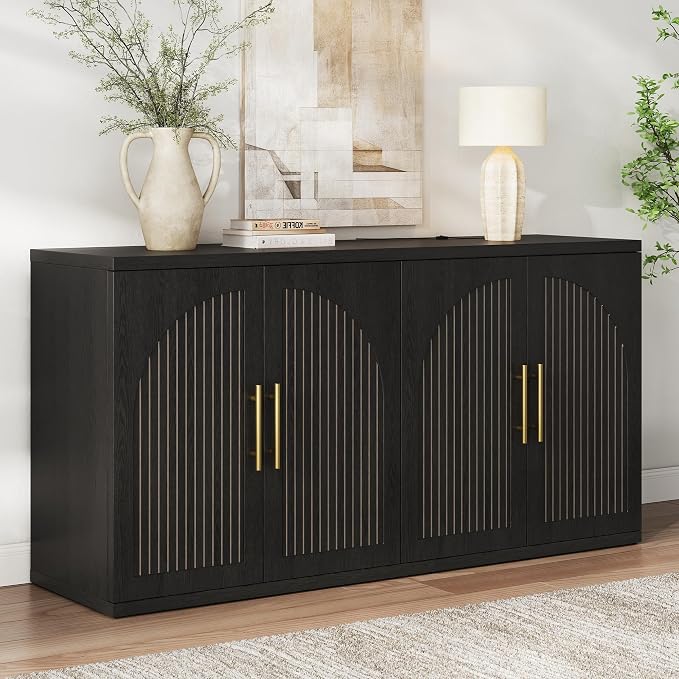 MapleGrace 63" Fluted Buffet Cabinet with Storage, Modern Symmetrical Arched Sideboard Credenza with Adjustable Shelf, Elegant Wood Console Table for Dining Room, Kitchen, Living Room(Black)