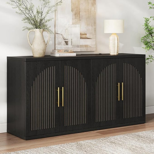 MapleGrace 63" Fluted Buffet Cabinet with Storage, Modern Symmetrical Arched Sideboard Credenza with Adjustable Shelf, Elegant Wood Console Table for Dining Room, Kitchen, Living Room(Black)