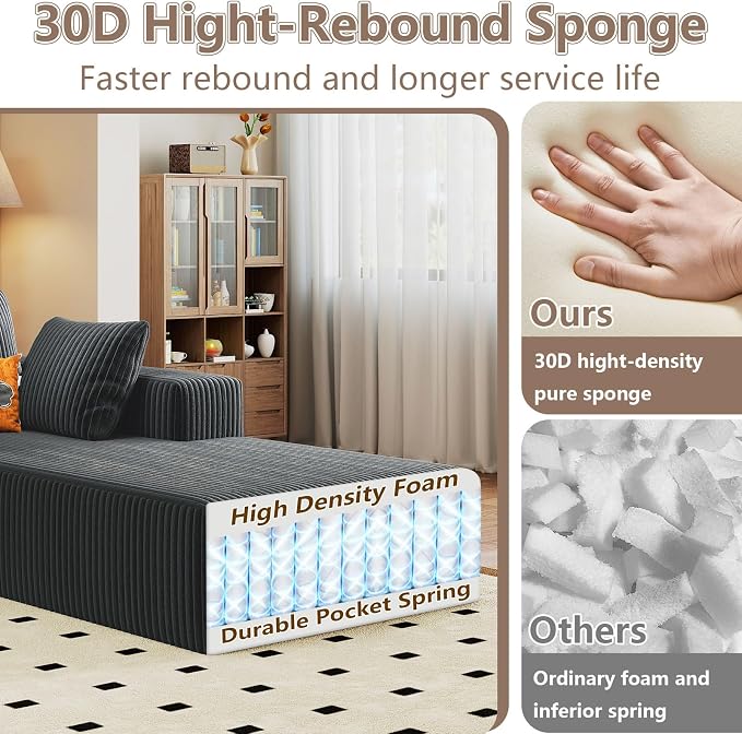 95" Cloud Sectional Couch U-Shaped Chaise with Ottoman, Corduroy Boneless Couch for Living Room Bedroom, Deep-Seat Upholstered Modular Cloud Sofa, No Assembly Required (Grey, Right Facing Chaise)