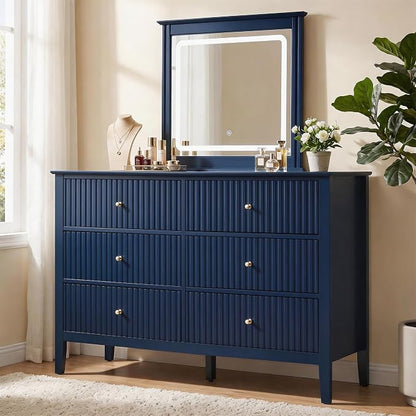 RoyalCraft 6 Drawer Dresser with Lighted Mirror, Blue Fluted Modern Wood Chest of Drawers, Long Dresser for Bedroom Storage