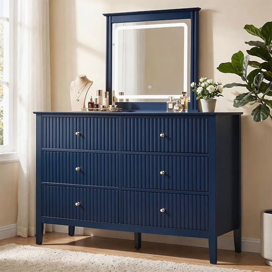 RoyalCraft 6 Drawer Dresser with Lighted Mirror, Blue Fluted Modern Wood Chest of Drawers, Long Dresser for Bedroom Storage
