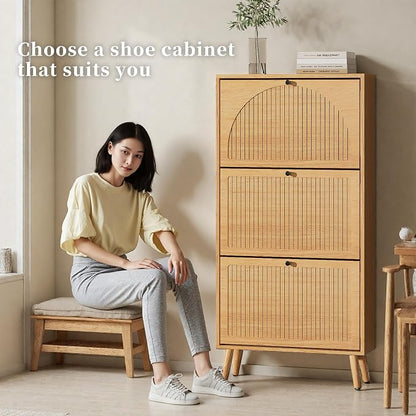 Fsbecl Shoe Storage Cabinet for Entryway with 3 Flip Drawers, Narrow Shoe Organizer with Fluted Panel, Freestanding Wood Hidden Shoe Cabinet for Hallway (Wood Color, 23.6''W, Single Layer)