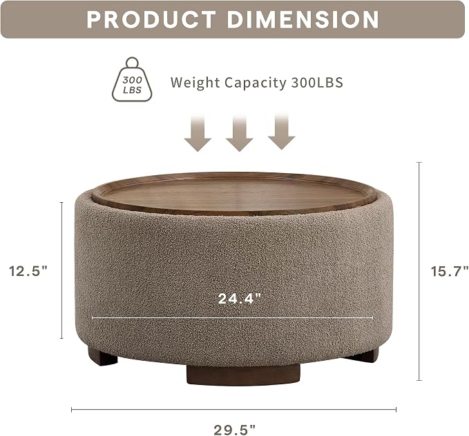 29.5 Inch Round Storage Ottoman Coffee Table,Modern Circle Coffee Table with Storage with Removable Lid Top and Solid Wood Legs,Large Round Ottoman for Bedroom,Living Room,Teddy Fleece,Brown