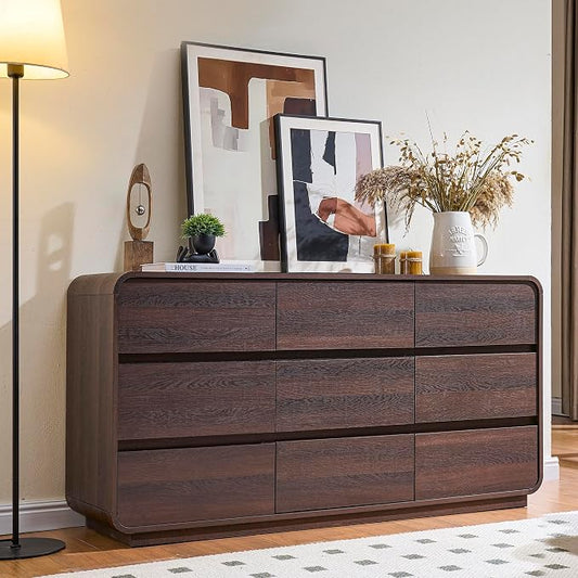 Standifurno 9 Drawer Double Dresser for Bedroom, Modern Curved Wood Chest Drawers of Handleless, Large Storage Dresser Bedroom, Living Room, Entryway, Walnut