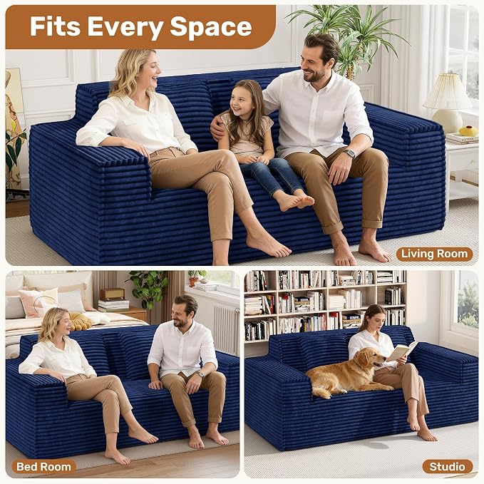 75'' Modern Cloud Loveseat Sofa Set of 2, No Assembly Required Comfy Deep Seat Couches 2 pcs for Living Room, Bedroom, Apartment (Corduroy-Blue)