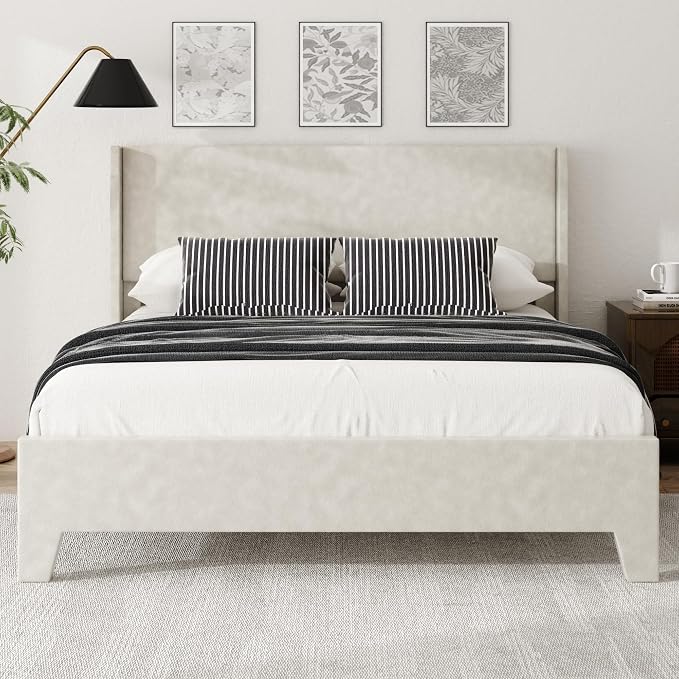 Queen Bed Frame with Faux Leather Upholstered Headboard, Wear-Resistant, Easy Clean, Mattress Foundation, No Box Spring Required, Easy Assembly, Beige