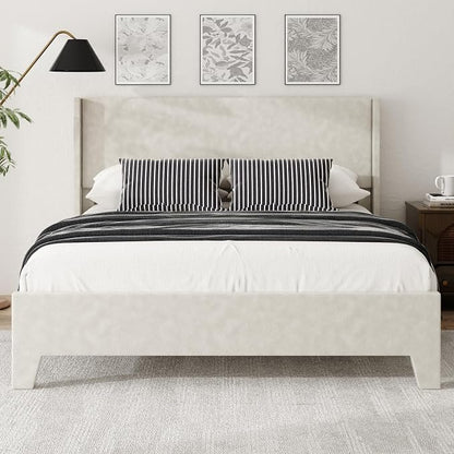 Queen Bed Frame with Faux Leather Upholstered Headboard, Wear-Resistant, Easy Clean, Mattress Foundation, No Box Spring Required, Easy Assembly, Beige