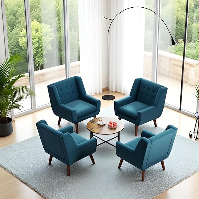 HUIMO Accent Chairs Set of 2,Upholstered Button-Tufted Living Room Chair with Wooden Legs,Mid Century Modern Linen Fabric Club Chair,Comfy Arm Chairs for Bedroom,Lake Blue 2PCS