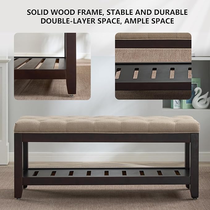 adochr Linen Large Rectangular Ottoman with Storage, Upholstered Entryway Bench for Living Room, Oversized Button Tufted Ottoman with Wood Shelf Storage, Light Brown