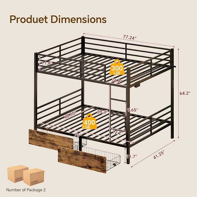 Twin Over Twin Metal Bunk Bed with 2 Rolling Under-Bed Storage Drawers | Charging Station, Stable Square Tube Frame, Converts to Separate 2 Twin Beds, Full Safety Guardrails & Ladder for Bedroom